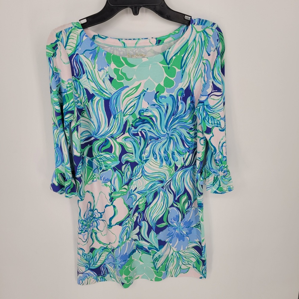 Lilly Pulitzer Shift Dress Kids XL 12-14 Floral Blue Green Ruffle Sleeve preppy